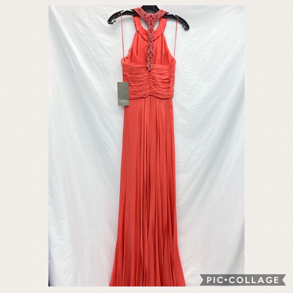 Theia halter sleeveless beaded Neckline long evening Gown - Picture 4 of 6